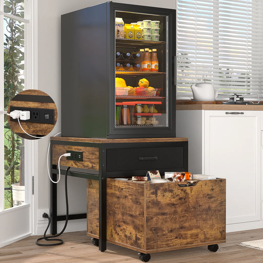 Mini Fridge Stand with Charge Station, Side/ End Table with Storage Drawers and Rolling Cabinet