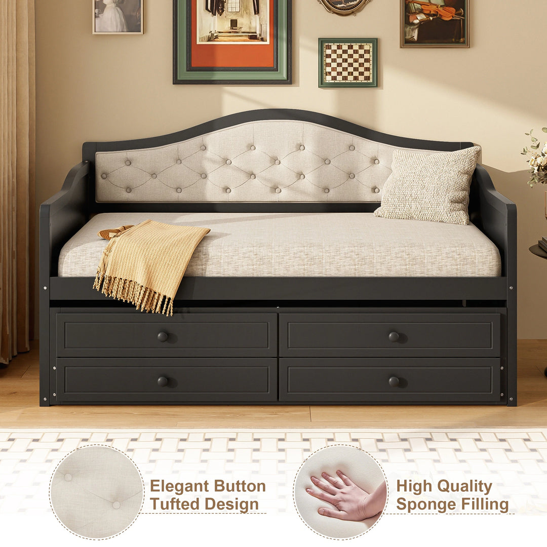 Twin Daybed with Trundle, Twin Size Daybed with 2 Storage Drawers, Wooden Sofa Bed with Upholstered Button Tufted Backrest