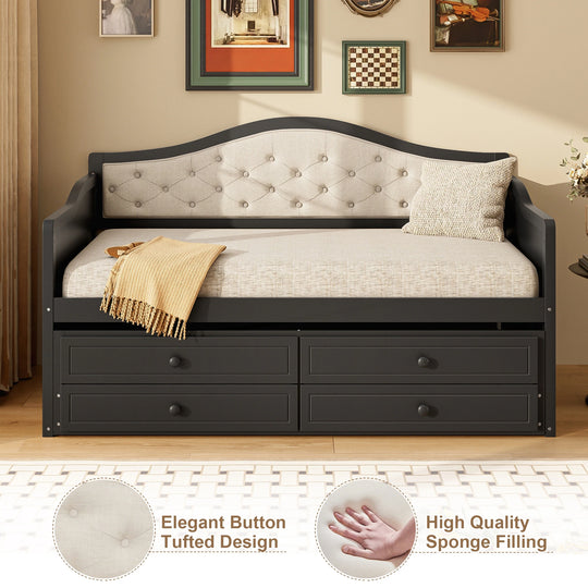 Twin Daybed with Trundle, Twin Size Daybed with 2 Storage Drawers, Wooden Sofa Bed with Upholstered Button Tufted Backrest