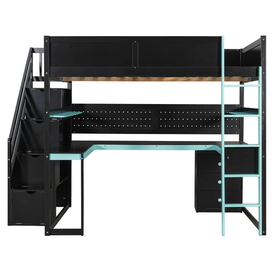 Full Size Wooden Gaming Loft Bed with Storage Stairs, Desk, Shelves and Pegboard