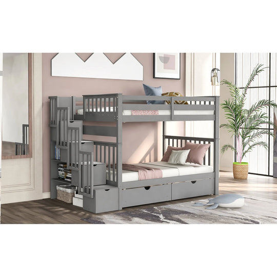 Full over Full Bunk Bed with Shelves and 6 Storage Drawers, Gray