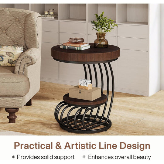 2 Tiers round End Table with Shelf Storage, Arc-Shaped Side Sofa Table