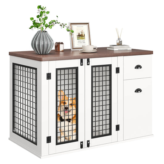 Dog Crate Furniture, with Drawer & Side Cabinet, Pet Kennel for Small to Medium Pet, White