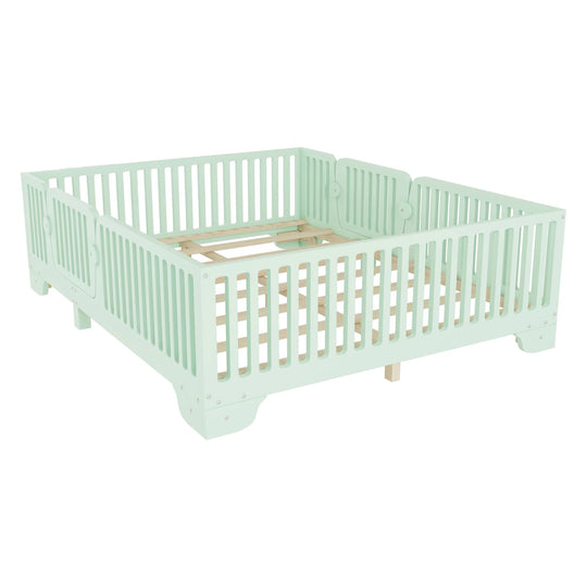 Full Size Montessori Floor Bed Frame with Safety Rails and Removable Door, Low Profile Kids Bed with Slatted Support