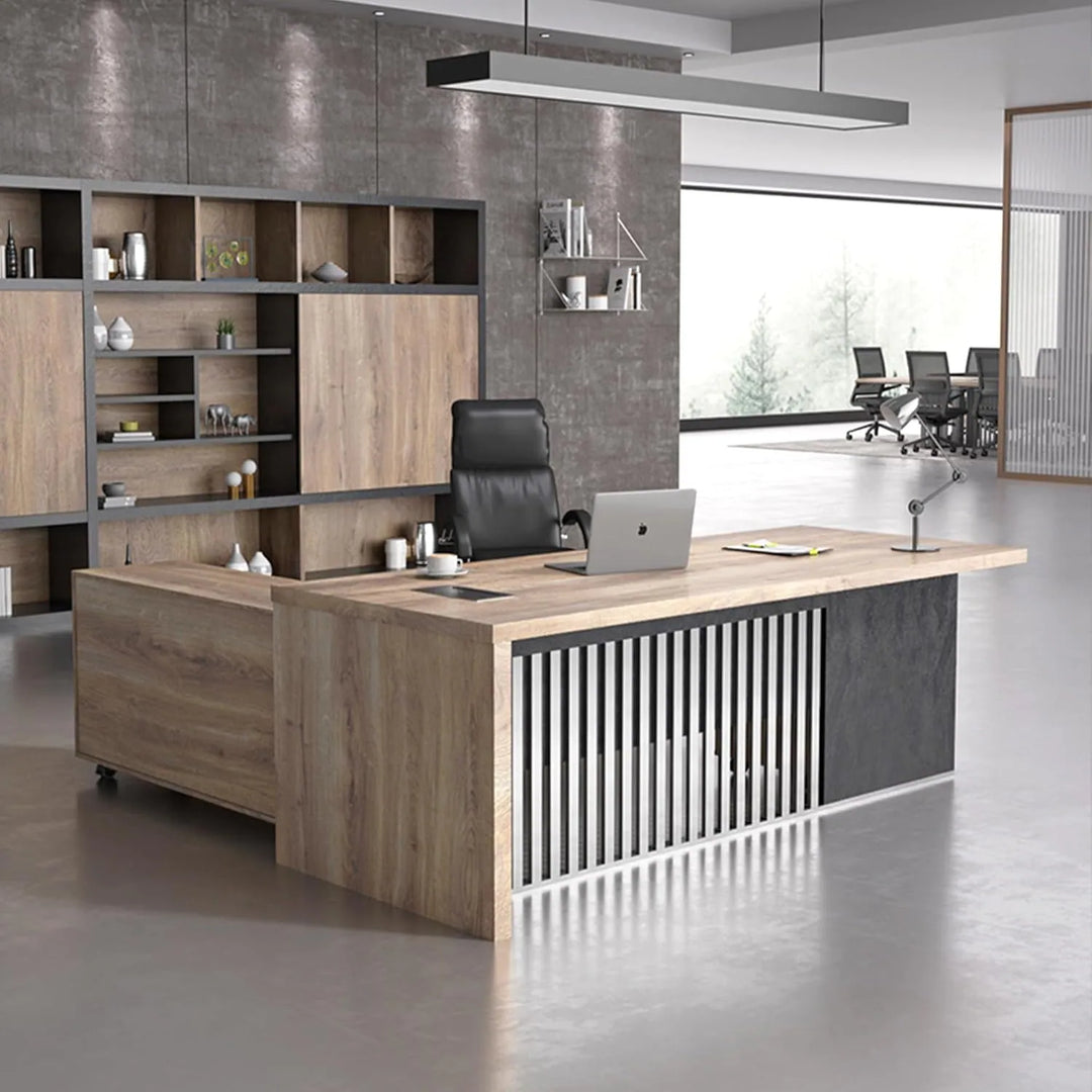 WESOME L-Shaped Executive Office Desk with 2 Drawers 4 Wheels File Cabinets Cable Management