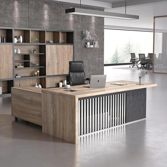 WESOME L-Shaped Executive Office Desk with 2 Drawers 4 Wheels File Cabinets Cable Management