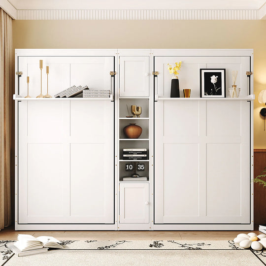 Dual Twin Size Wall Murphy Beds with Cabinets and Shelves, Space-Saving Design