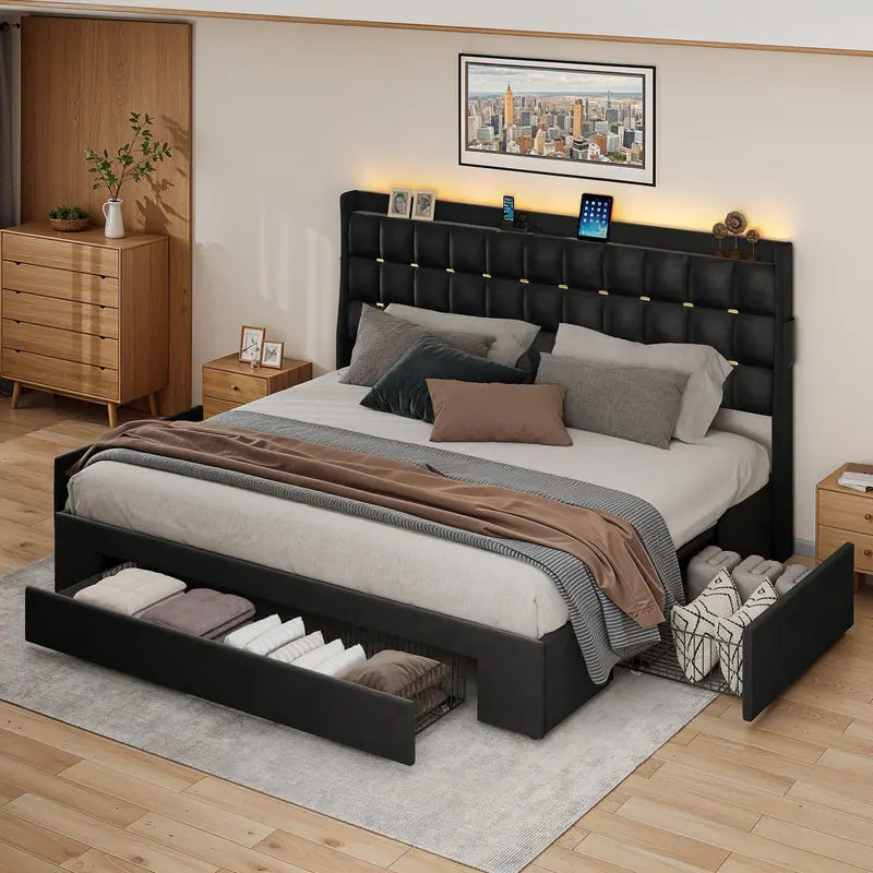 Queen/King Size Velvet Upholstered Bed with Charging Station and Storage Drawers