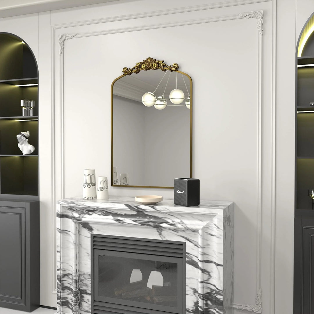 Arched Vintage Wall Mirror and Metal Frame Baroque Style Bathroom Vanity Mirror