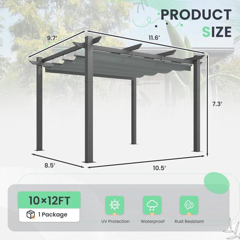 10' X 13' Outdoor Pergola with Retractable Canopy, Heavy-Duty Metal Frame and Adjustable Patio Shade Roof