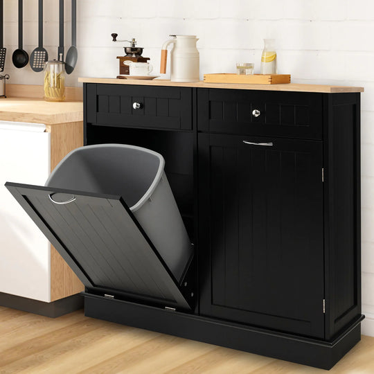 Wooden Kitchen Trash Cabinet Tilt Out Bin Holder W/ Storage Shelf