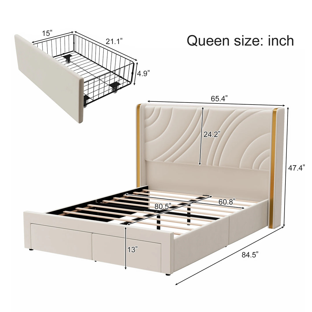 Velvet Upholstered Platform Bed with Smart Ambient Strip Lights Wingback Headboard and Endbed Pull-Out Storage Drawers