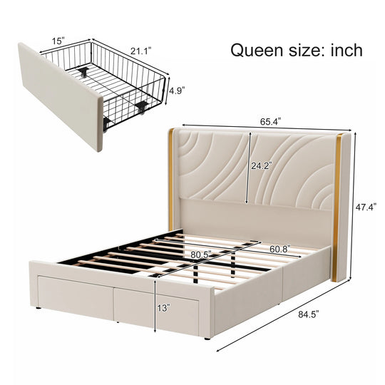 Velvet Upholstered Platform Bed with Smart Ambient Strip Lights Wingback Headboard and Endbed Pull-Out Storage Drawers