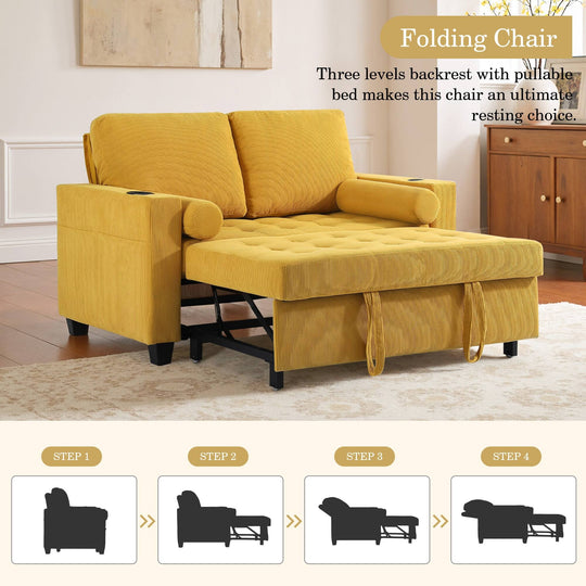 3-In-1 Pull-Out Sleeper Sofa Bed Convertible Adjustable Multi-Functional Loveseat with USB Port
