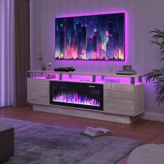 70" Modern Electric Fireplace TV Stand, with Electronic Flame and LED Lights, High Gloss Finish Entertainment Center