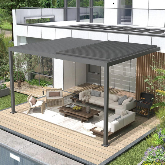 Outdoor Louvered Pergola Gazebo with Adjustable Aluminum Rainproof Roof and Pull-Down Screen