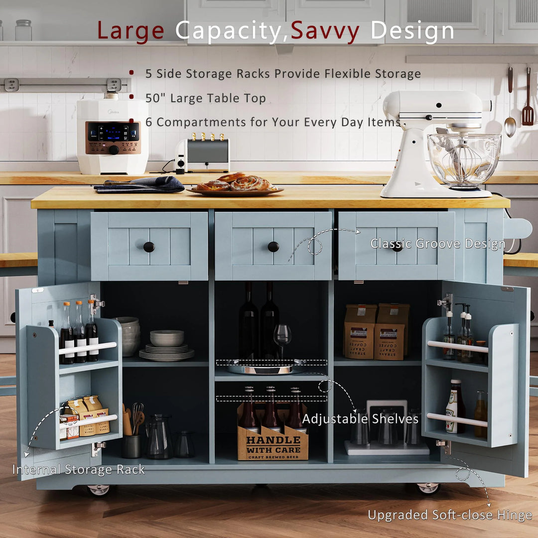 Large Kitchen Island with Drop Leaf,Power Outlet,Door Internal Storage Rack,3 Drawers(Not Include Bar Stools)