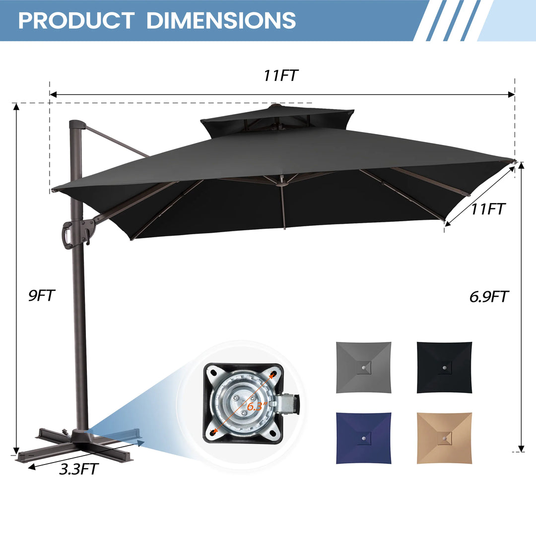 11 X 11 FT Outdoor Square Patio Cantilever Offset Umbrella with Crank and 360 Degrees Rotation