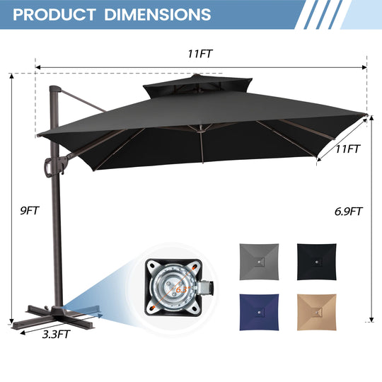11 X 11 FT Outdoor Square Patio Cantilever Offset Umbrella with Crank and 360 Degrees Rotation