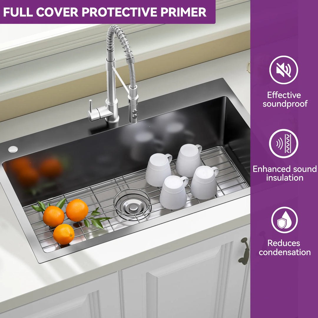 33 Inch Drop in Kitchen Sink Top Mount Stainless Steel Black Sink W/Sink Protector Single Bowl Drop-In Sink for Workstation