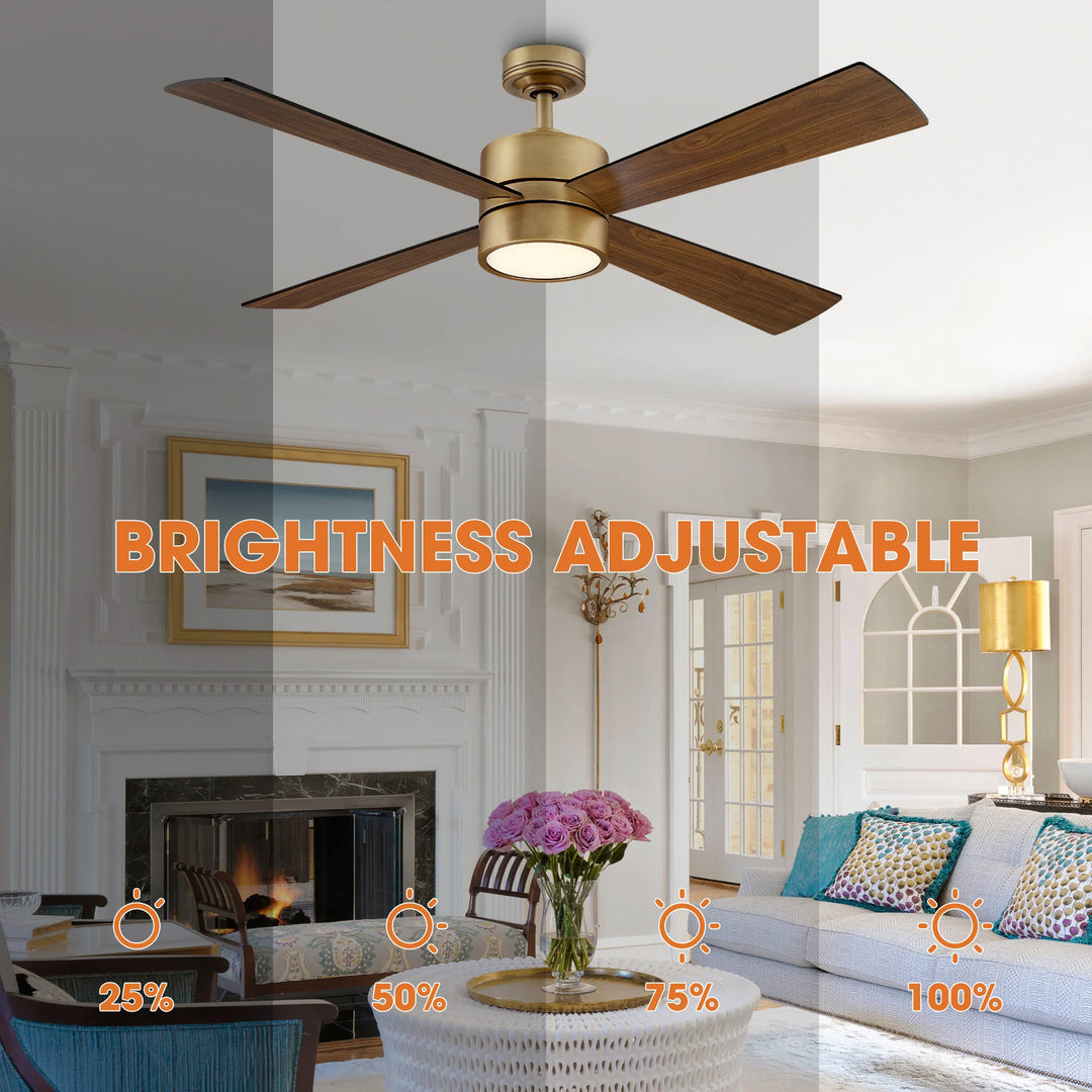 52" Antique Brass Plywood 4-Blade Indoor Ceiling Fan with Light and Remote