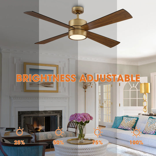 52" Antique Brass Plywood 4-Blade Indoor Ceiling Fan with Light and Remote
