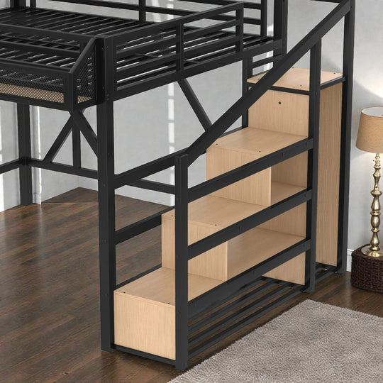 Metal Loft Bed with Storage Stairs, Built-In Wardrobe, Shelves, USB Ports, LED Lights & Noise-Reduced Frame