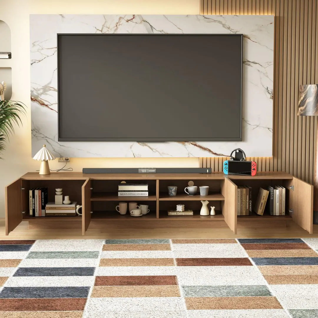 86.6" Modern Walnut TV Stand with Grille Doors & Storage for 90" Tvs - 86.6"Wx15.9"Dx17.5"H