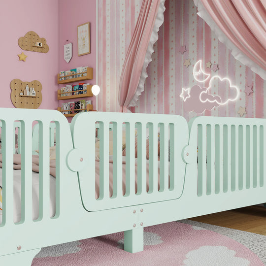 Full Size Montessori Floor Bed Frame with Safety Rails and Removable Door, Low Profile Kids Bed with Slatted Support