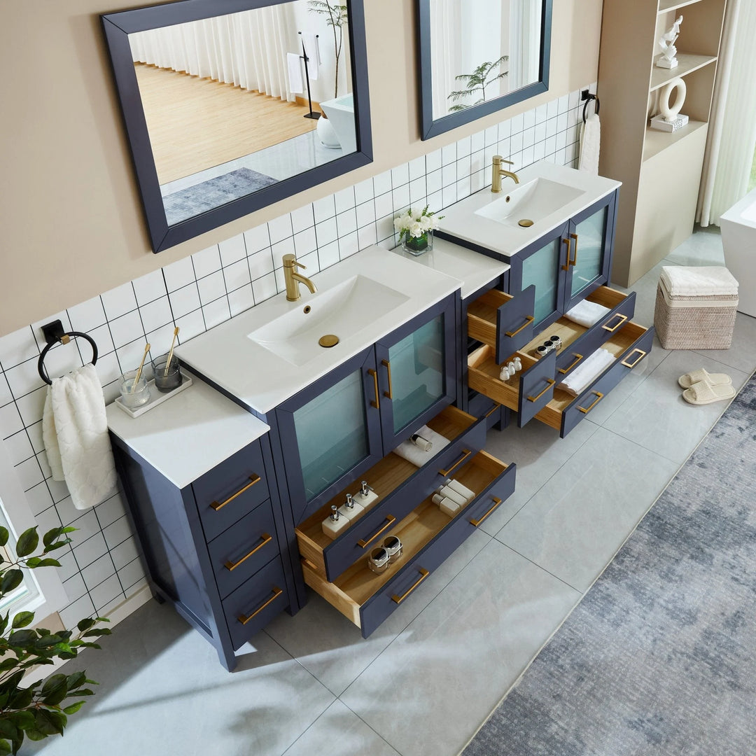 96" Double Sink Bathroom Vanity Set 10 Dove-Tailed Drawers, 3 Cabinets, 2 Shelves Soft-Closing Doors with Free Mirror