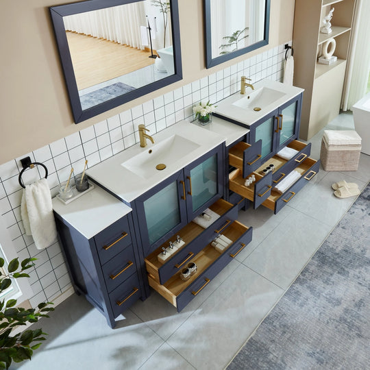 96" Double Sink Bathroom Vanity Set 10 Dove-Tailed Drawers, 3 Cabinets, 2 Shelves Soft-Closing Doors with Free Mirror