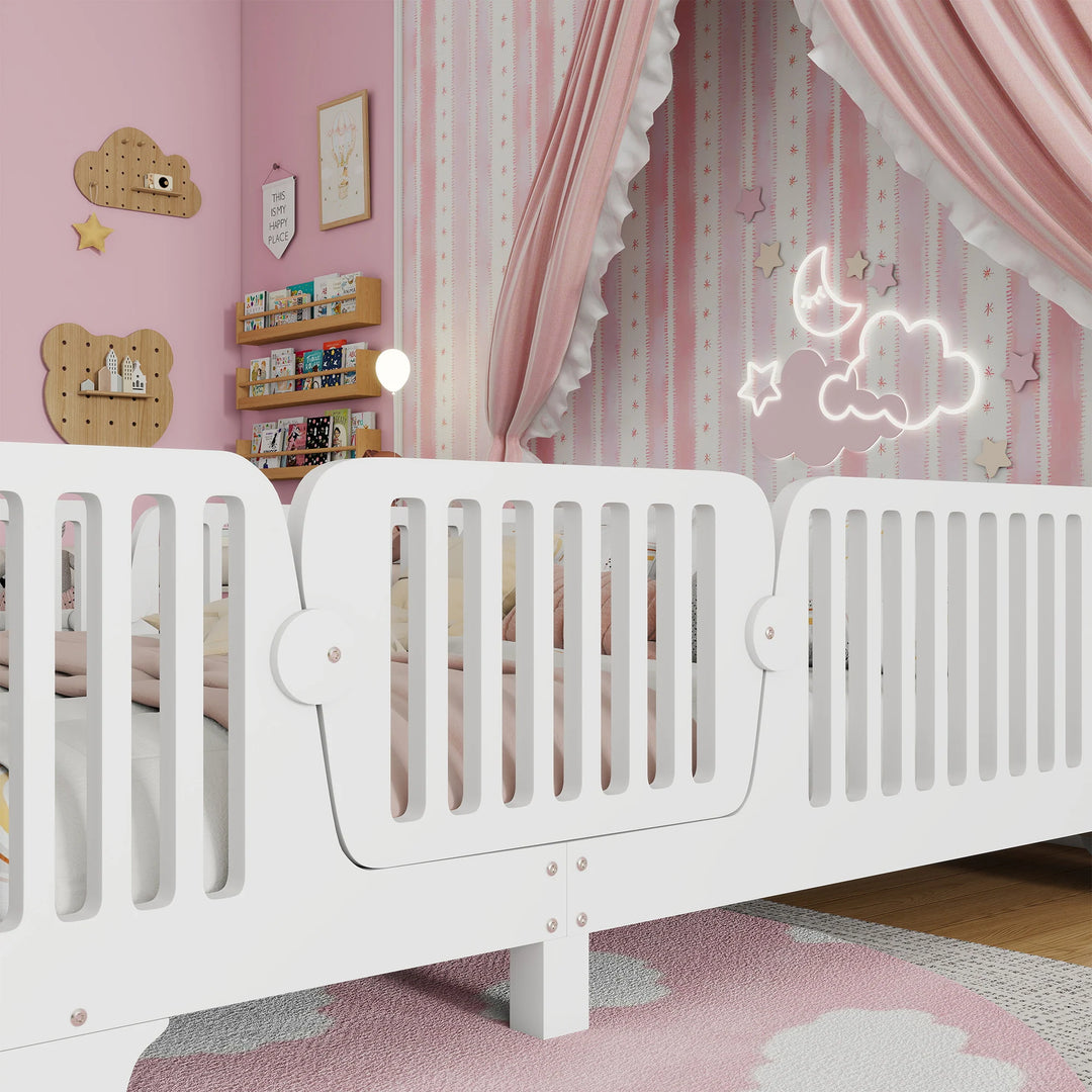 Full Size Montessori Floor Bed Frame with Safety Rails and Removable Door, Low Profile Kids Bed with Slatted Support