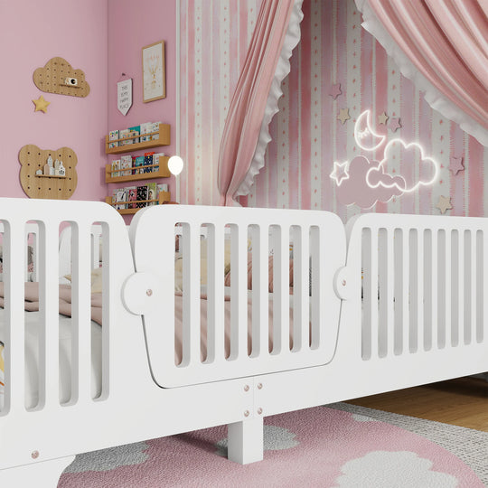 Full Size Montessori Floor Bed Frame with Safety Rails and Removable Door, Low Profile Kids Bed with Slatted Support