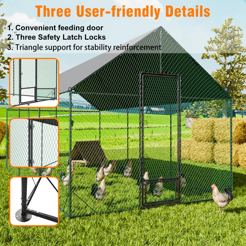 Upgraded Anti-Rust Metal Chicken Coop with Run Walkin Poultry Cage Habitat with Feeding Door, Waterproof and Snow /Rain Accumulation Prevent Cover for Backyard Farm Garden