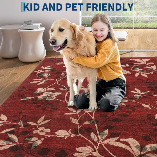 Modern Leaves Pattern Area Rug Botanical Print Washable Rugs for Living Room Bedroom Non-Slip Low Pile Floor Carpet