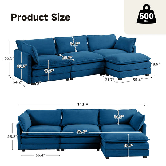 Corduroy Sectional Sofa with Removable Ottomans & Ultra-Soft Cushions for Living Room & Bedroom