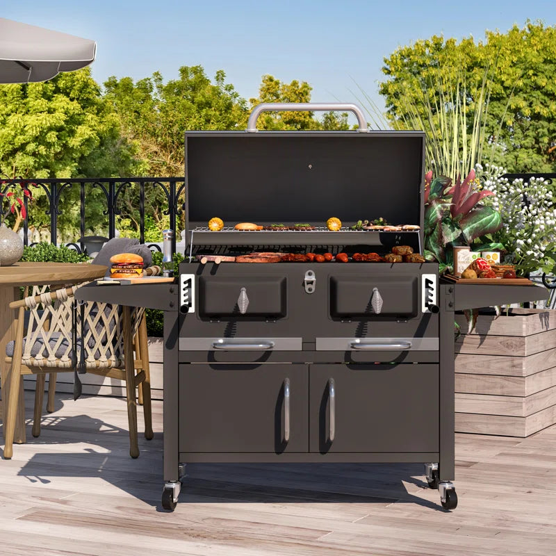 37.8" Dual Zone Charcoal Bbq Grill with Adjustable Charcoal Trays and 2 Foldable Side Table