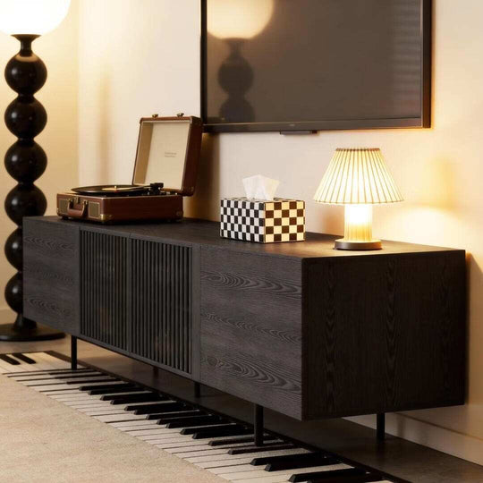 94.48 Inch Extra Long Black TV Stand with Slatted Doors, Modern Entertainment Center for Tvs up to 100 Inches,