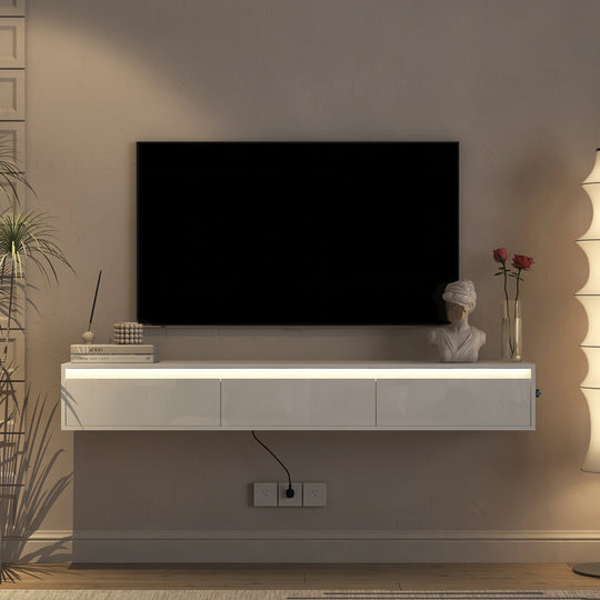 64" Floating Wall-Mounted TV Stand with Touch LED & Cord Management