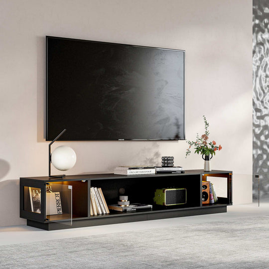 Modern Black Fireplace TV Stand Combo,Remote Fireplace Heater,2 Drawers,Light Strip & USB