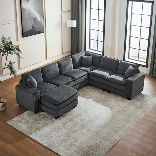 Modern U-Shaped 6-Seater Sectional Sofa with One Footstool