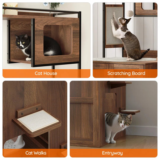 Cat Tower with Litter Box Enclosure with Shelves and Charging Station