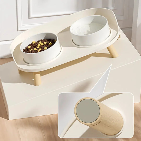 Bone China Double Pet Feeder, Elevated Cat Dog Food Double Bowls, Ceramic Pet Feeding Bowl for Food and Water