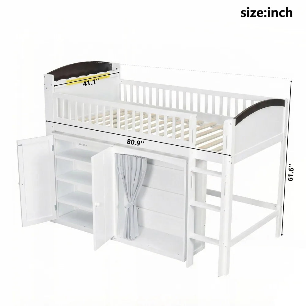 Loft Bed with Storage Cabinet and LED