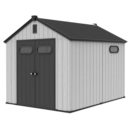 8X8/8X10/8X12 FT All-Weather Outdoor Resin Lockable Storage Shed with Windows Floor for Patio Furniture and Tools