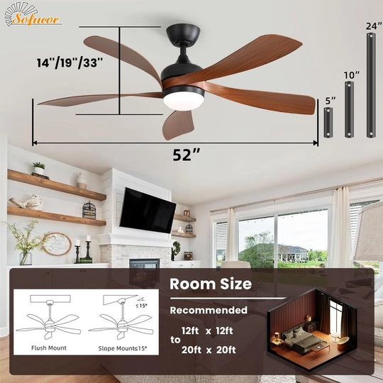 Sofucor 45/52 Inch Ceiling Fan with Remote & Lights Quiet DC Motor 5 Blade High CFM Modern Fan