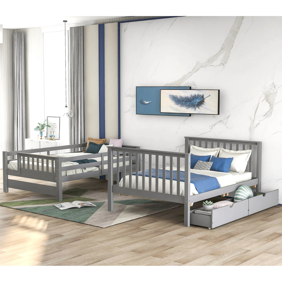 Full over Full Bunk Bed with Shelves and 6 Storage Drawers, Gray