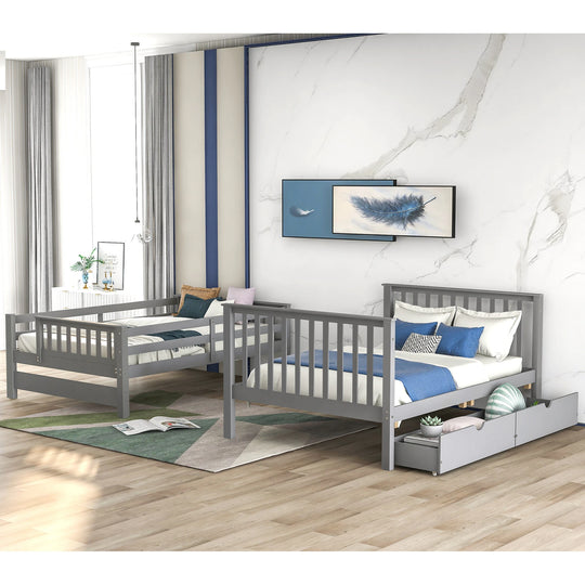 Full over Full Bunk Bed with Shelves and 6 Storage Drawers, Gray