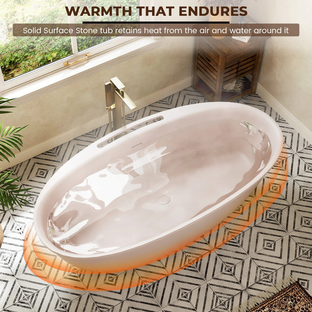 Luxury Flatbottom Solid Surface Freestanding Soaking Bathtub with Discreet Towel Slot and Drain Assembly