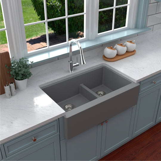 Farmhouse/Apron-Front Quartz Double Bowl Kitchen Sink